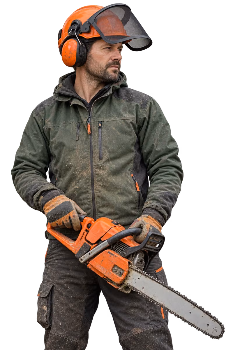 Arborist with protective equipment and chainsaw