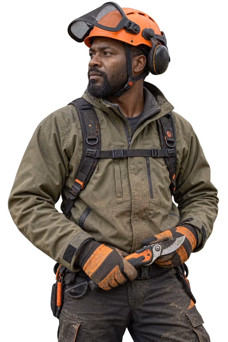 Professional arborist in protective workwear